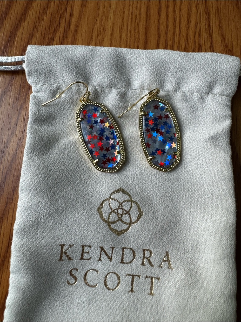 Kendra Scott Gold Elle Earrings with Red & Blue Star Confetti